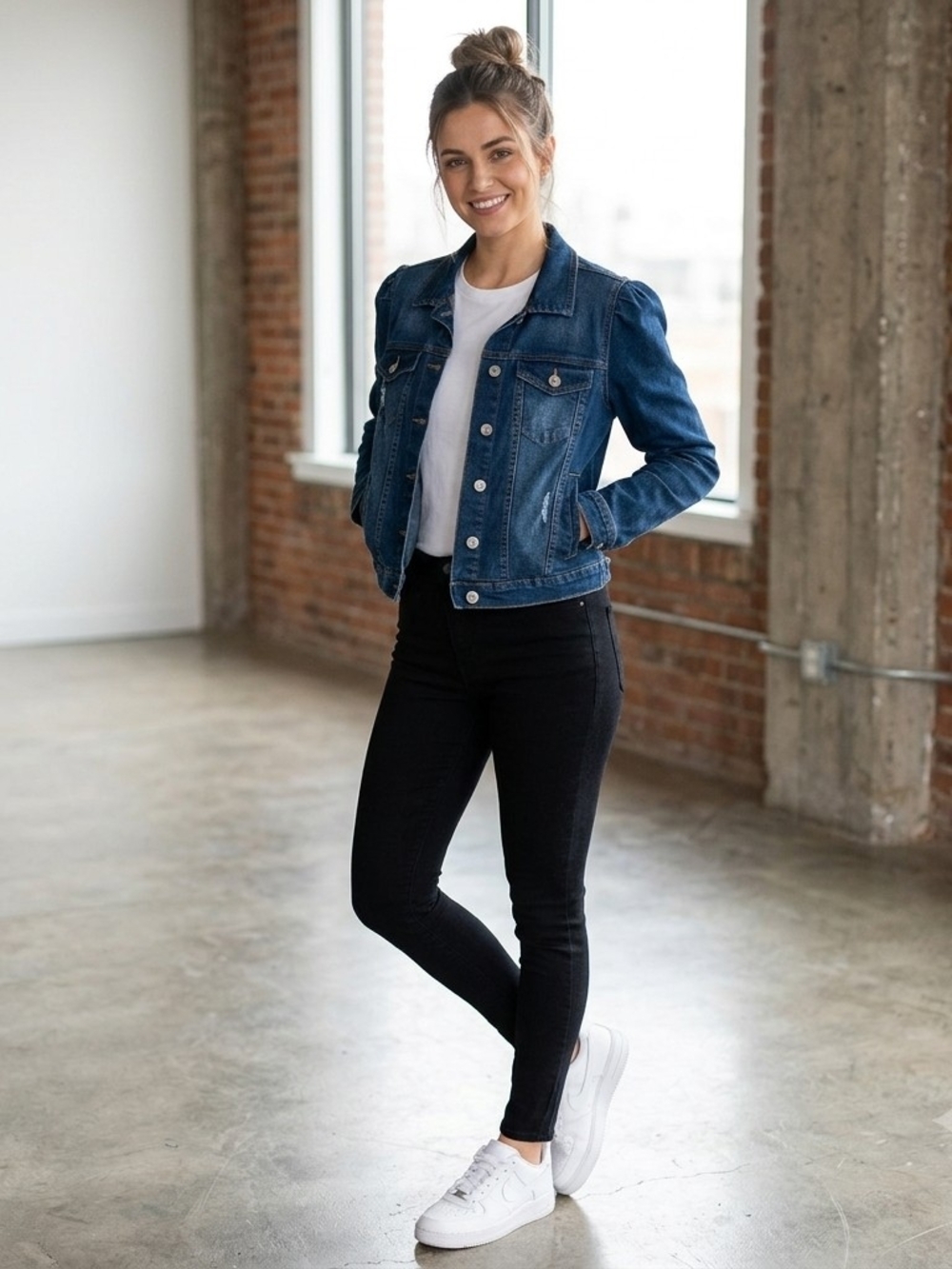Miss Selfie Dark Wash Puff-Sleeve Denim Jacket – Size L